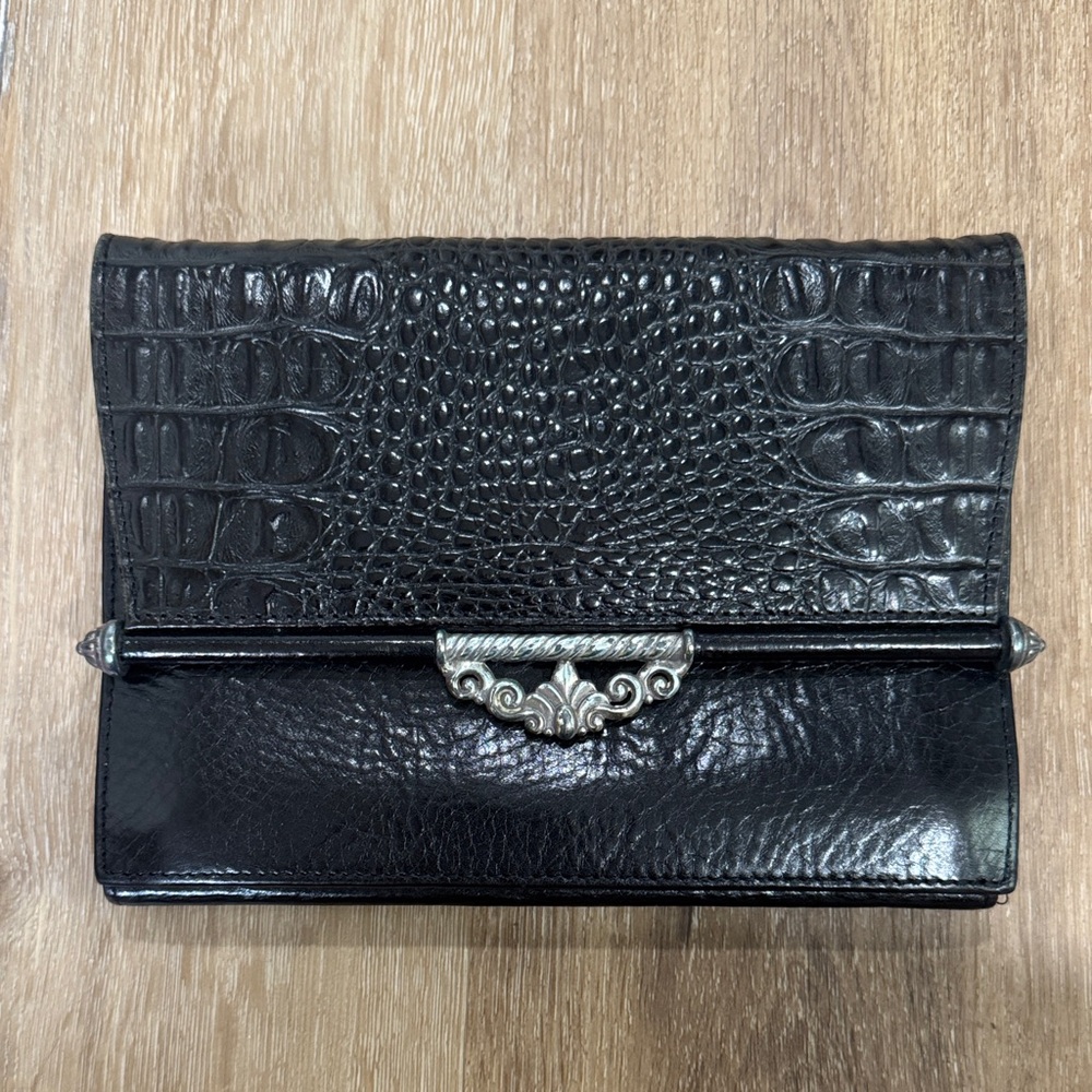 Vintage Brighton Black Silver Croc-Embossed Clutch Purse Bag